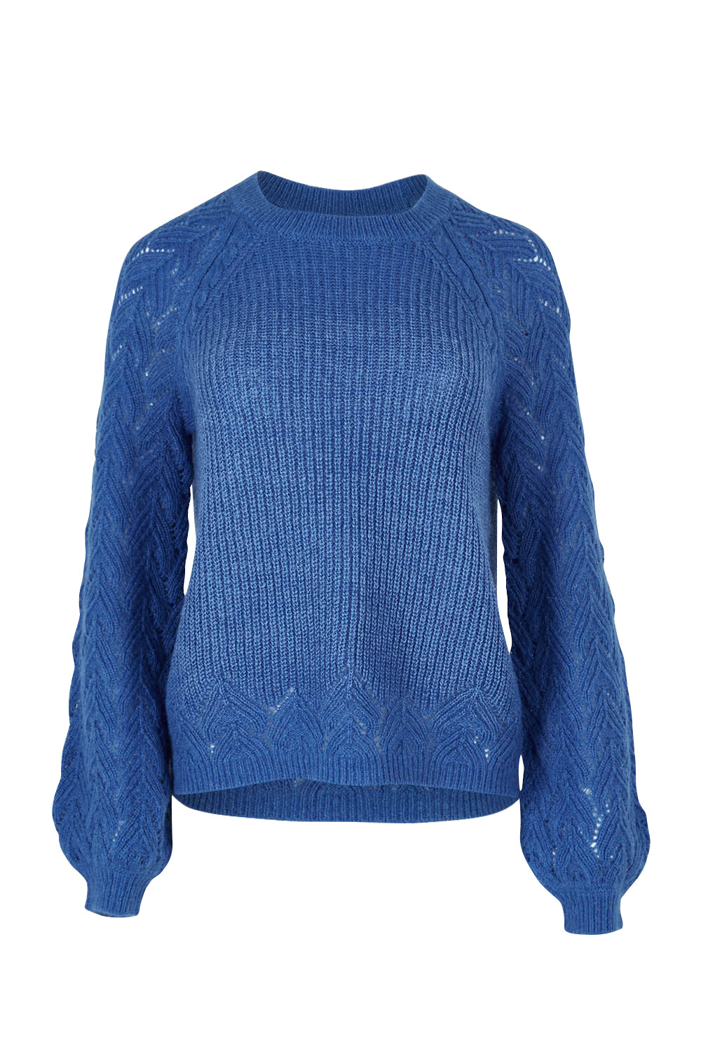 Product shot of the Floral Knit Sweater in colour Ampblue (Blue), from the front
