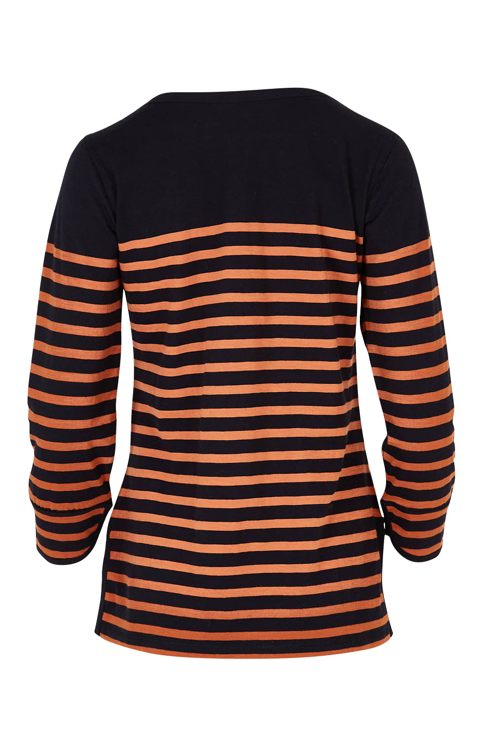 Product shot of the 3/4 Sleeve Breton in colour Amberstrip (Black), from the back