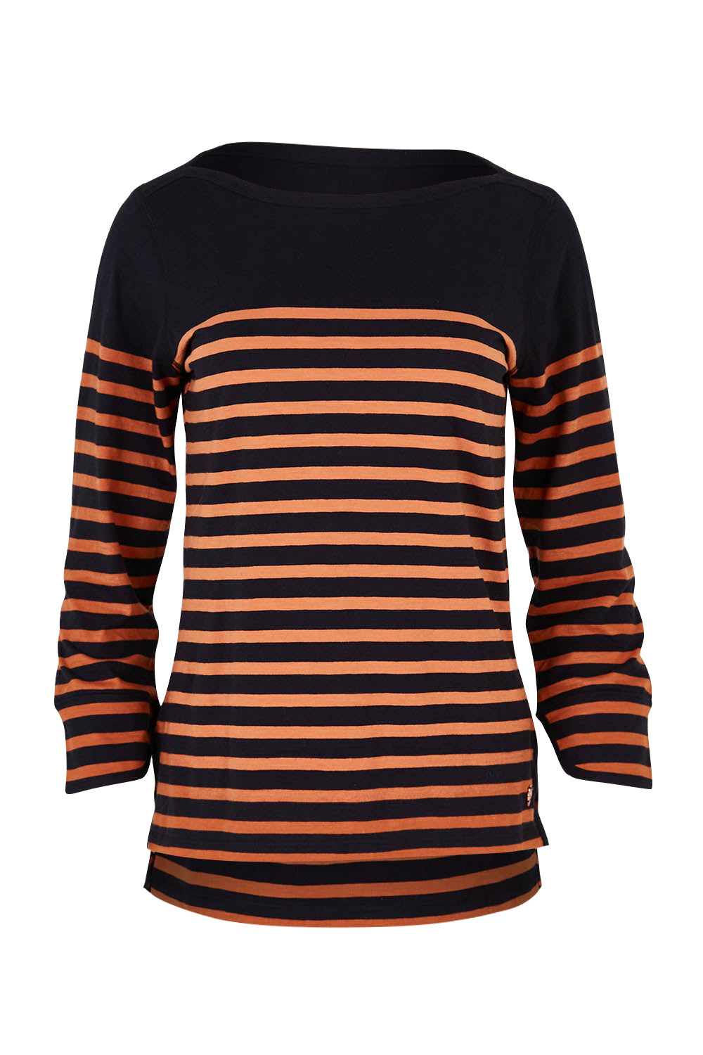 Product shot of the 3/4 Sleeve Breton in colour Amberstrip (Black), from the front