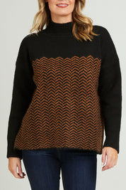 Model Grace wearing size S of the Mock Neck Tunic in colour Herrbone, from the front, cropped image