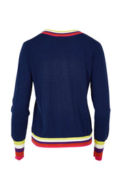 Product shot of the Emma Sweater in colour Rainbowstp (Blue), from the back