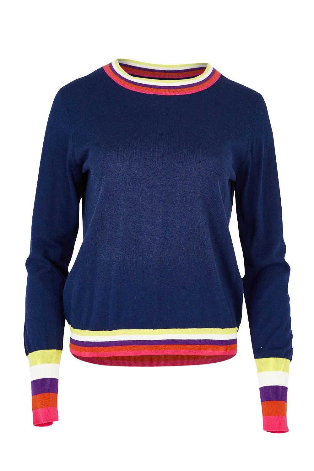 Product shot of the Emma Sweater in colour Rainbowstp (Blue), from the front
