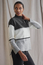 A model wearing the Mock Neck Tunic in colour Grey (Grey), from the front, showing the whole outfit