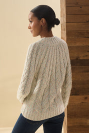 A model wearing the Dylan Cable Knit Sweater in colour Rainbow, from the back