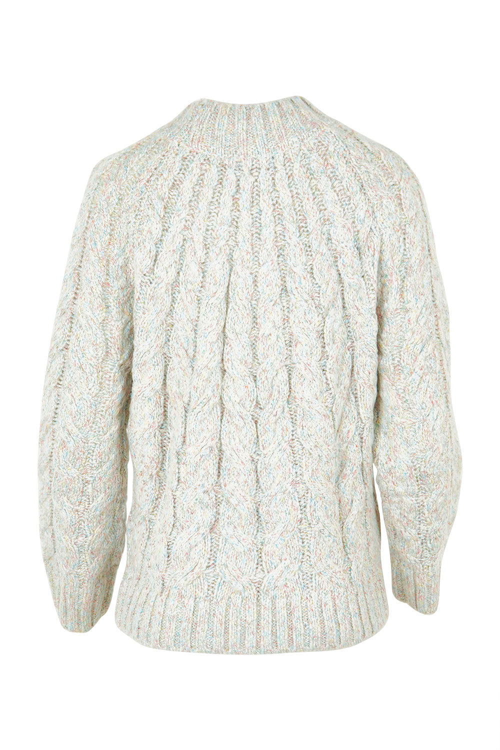 Product shot of the Dylan Cable Knit Sweater in colour Rainbow, from the back