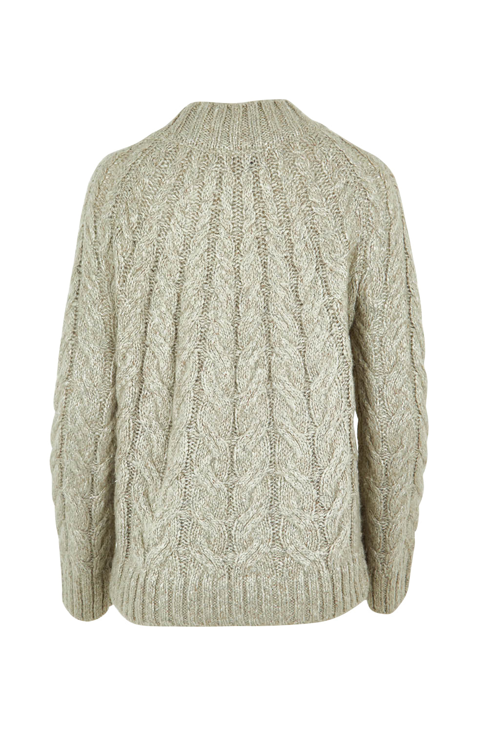 Product shot of the Dylan Cable Knit Sweater in colour Moss (Green), from the back