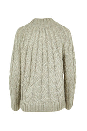 Product shot of the Dylan Cable Knit Sweater in colour Moss (Green), from the back