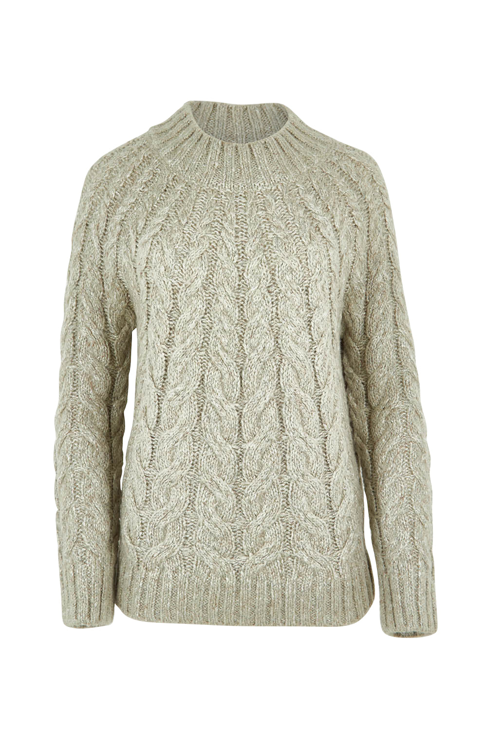 Product shot of the Dylan Cable Knit Sweater in colour Moss (Green), from the front