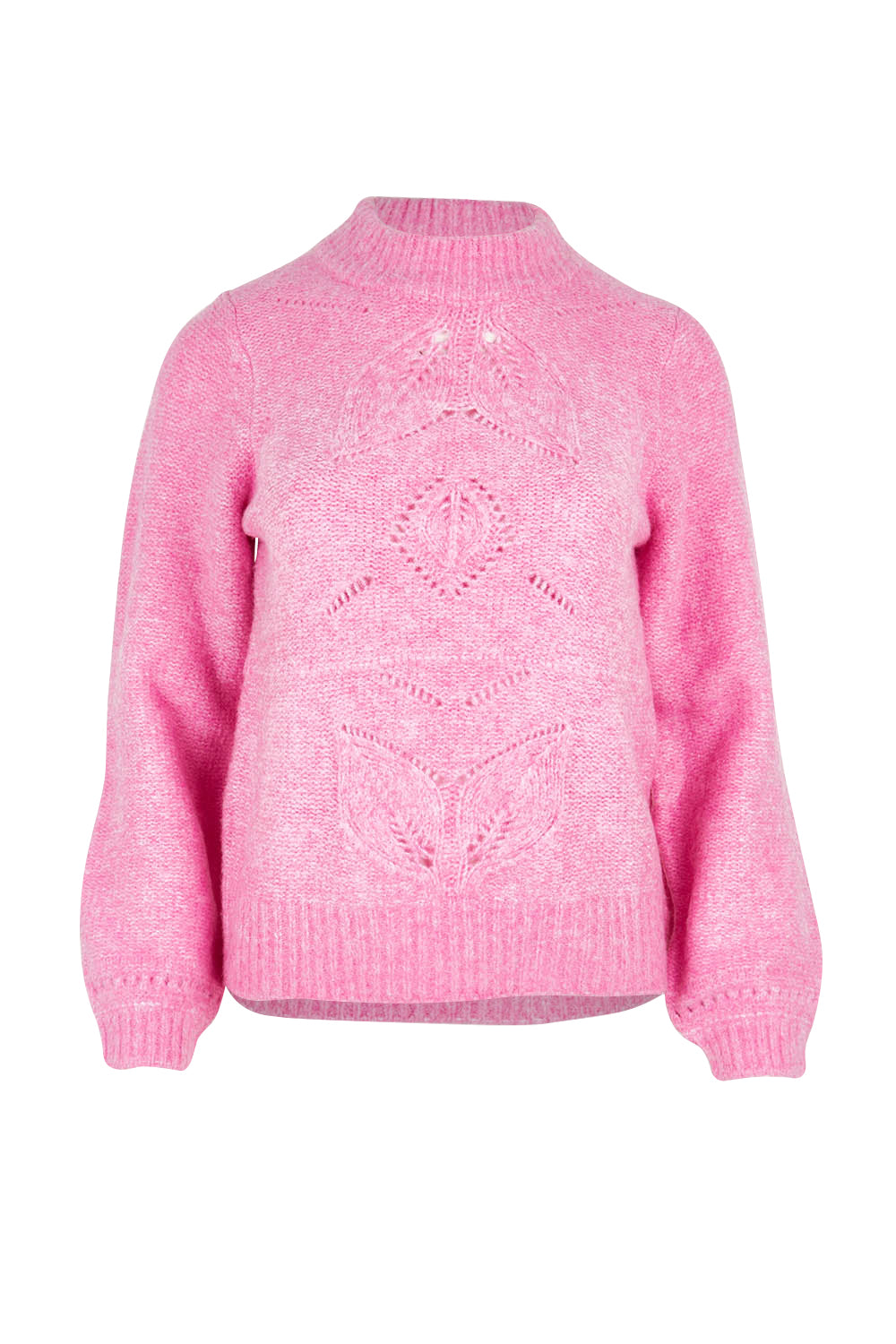 Product shot of the Petal Cable Knit Sweater in colour Raspberry (Pink), from the front