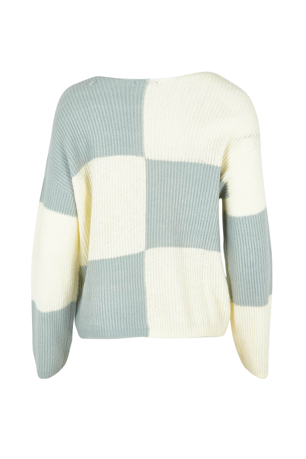 Product shot of the Monroe Sweater in colour Sageblocks (Green), from the back
