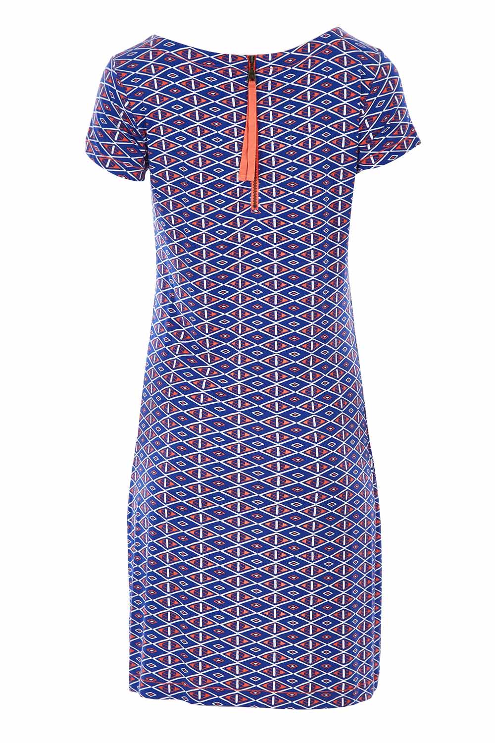 Product shot of the Nellie Triangle Stamps Dress in colour Bluecrush (Blue), from the back