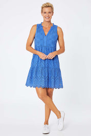 Model Amelia wearing size S of the Lauren Eyelet Dress in colour Amparoblue (Blue), from the front, showing the whole outfit