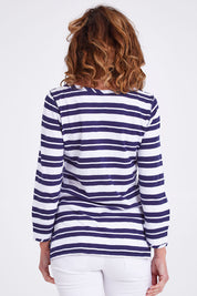 Model Emma wearing size S of the Breton 3/4 Sleeve Tee in colour Breaker (Blue), from the back