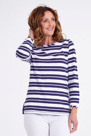 Model Emma wearing size S of the Breton 3/4 Sleeve Tee in colour Breaker (Blue), from the front, cropped image