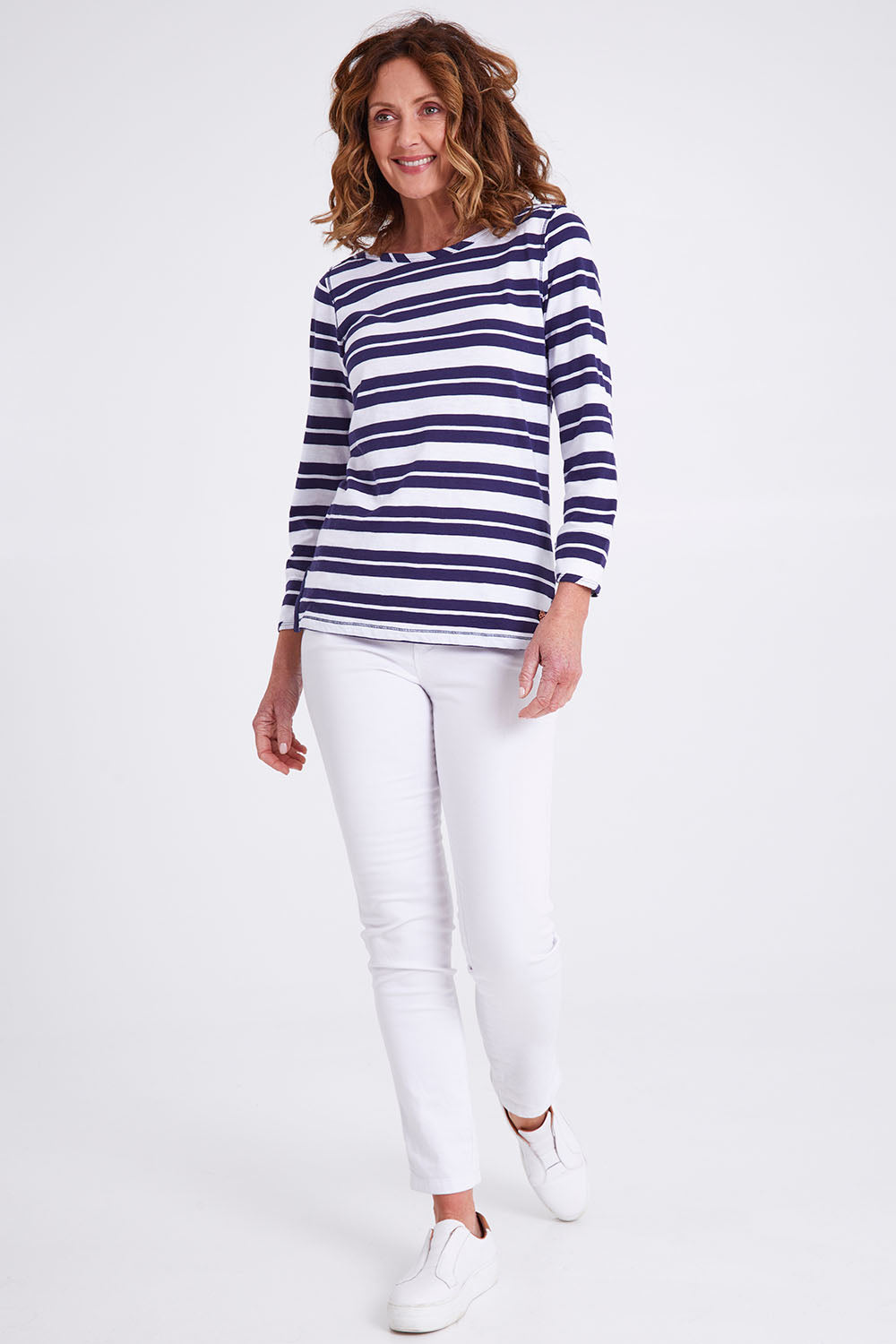 Model Emma wearing size S of the Breton 3/4 Sleeve Tee in colour Breaker (Blue), from the front, showing the whole outfit