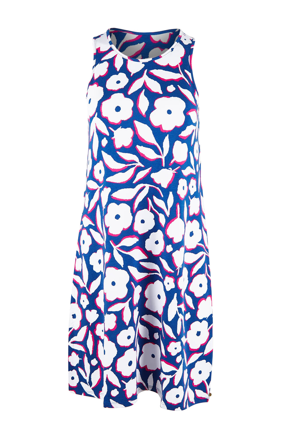 Product shot of the Bella Dress in colour Flowers (Blue), from the front