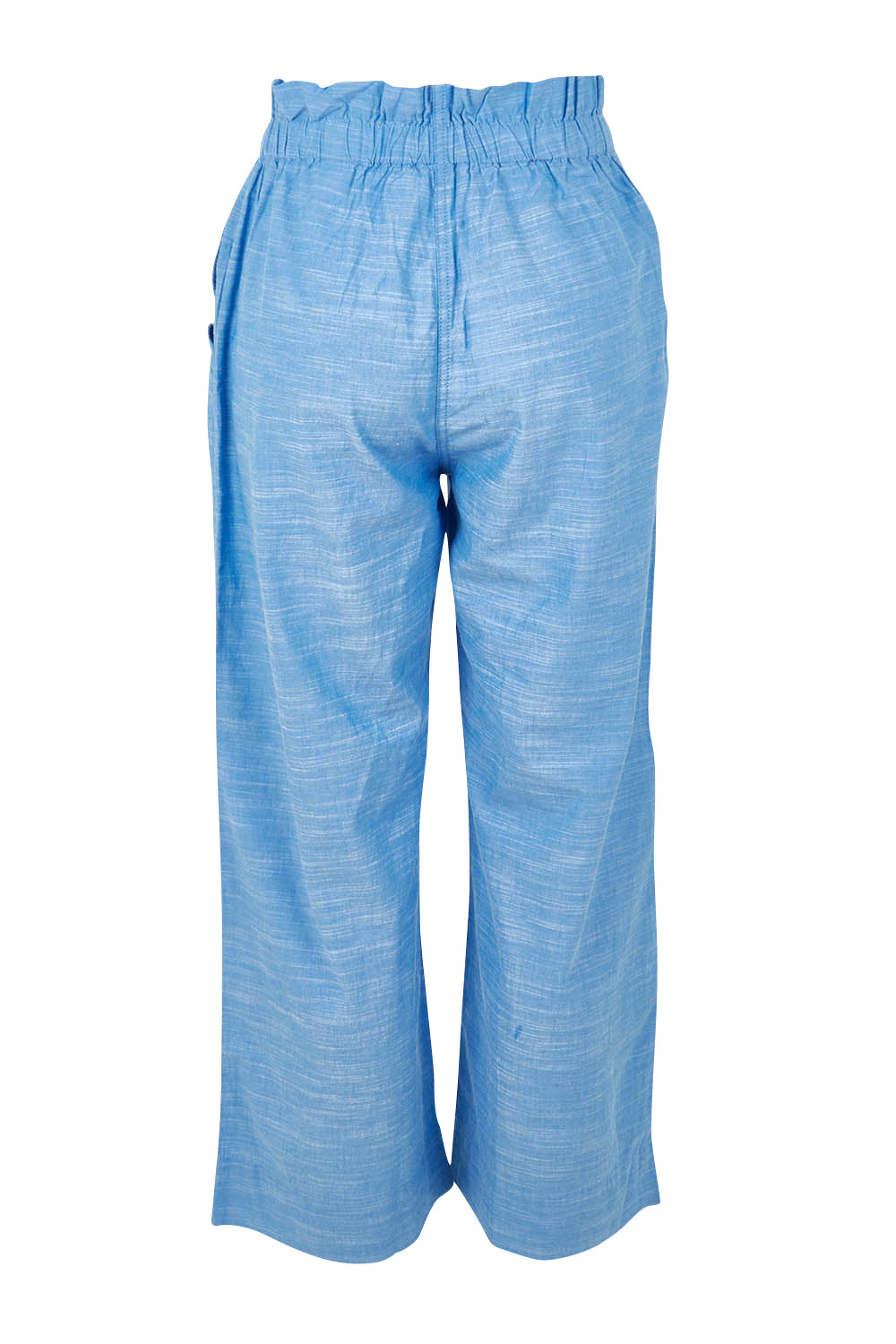 Product shot of the Tie Front Linen Cotton Pants in colour Chambray (Blue), from the back