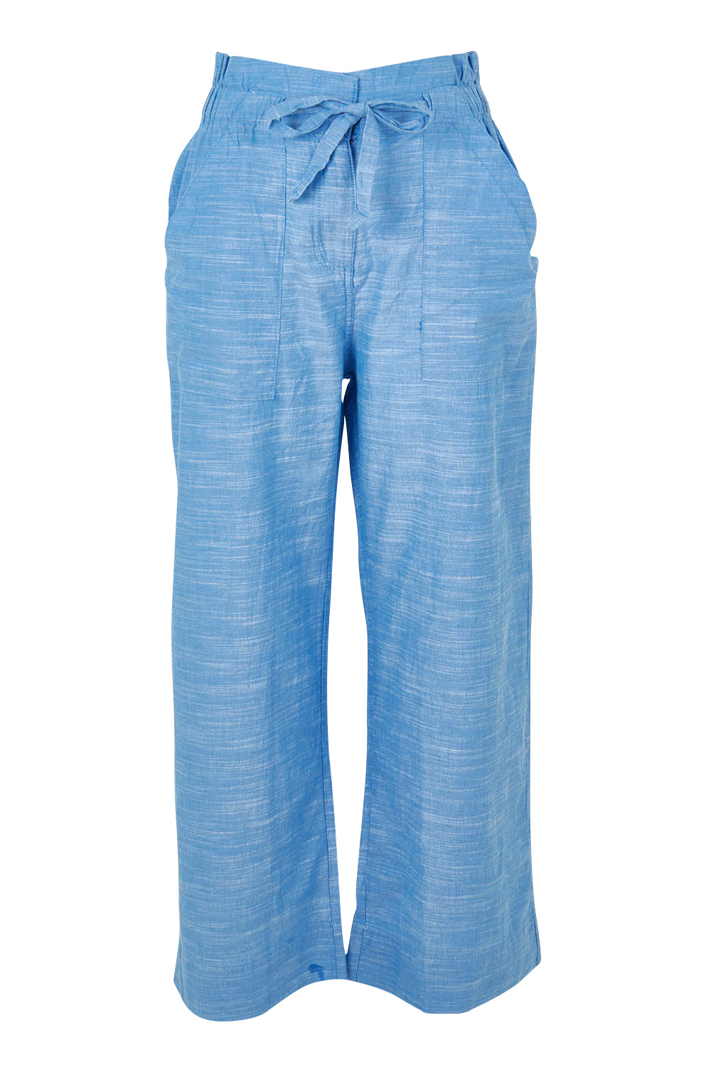 Product shot of the Tie Front Linen Cotton Pants in colour Chambray (Blue), from the front