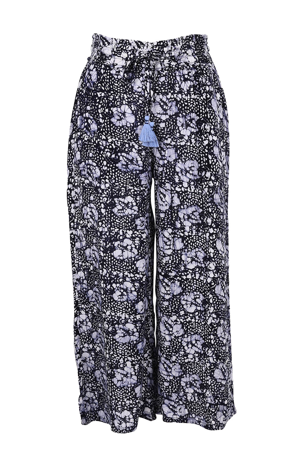 Product shot of the Cassie Pants in colour Floral (Blue), from the front