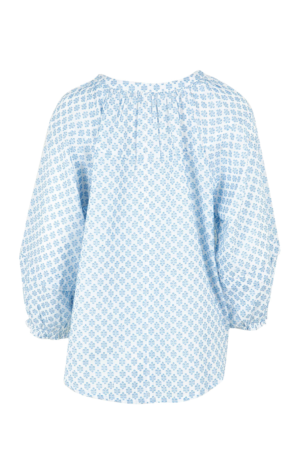 Product shot of the Naomi Cotton Blend Blouse in colour Petal (Blue), from the back
