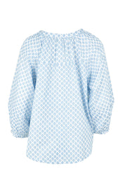 Product shot of the Naomi Cotton Blend Blouse in colour Petal (Blue), from the back
