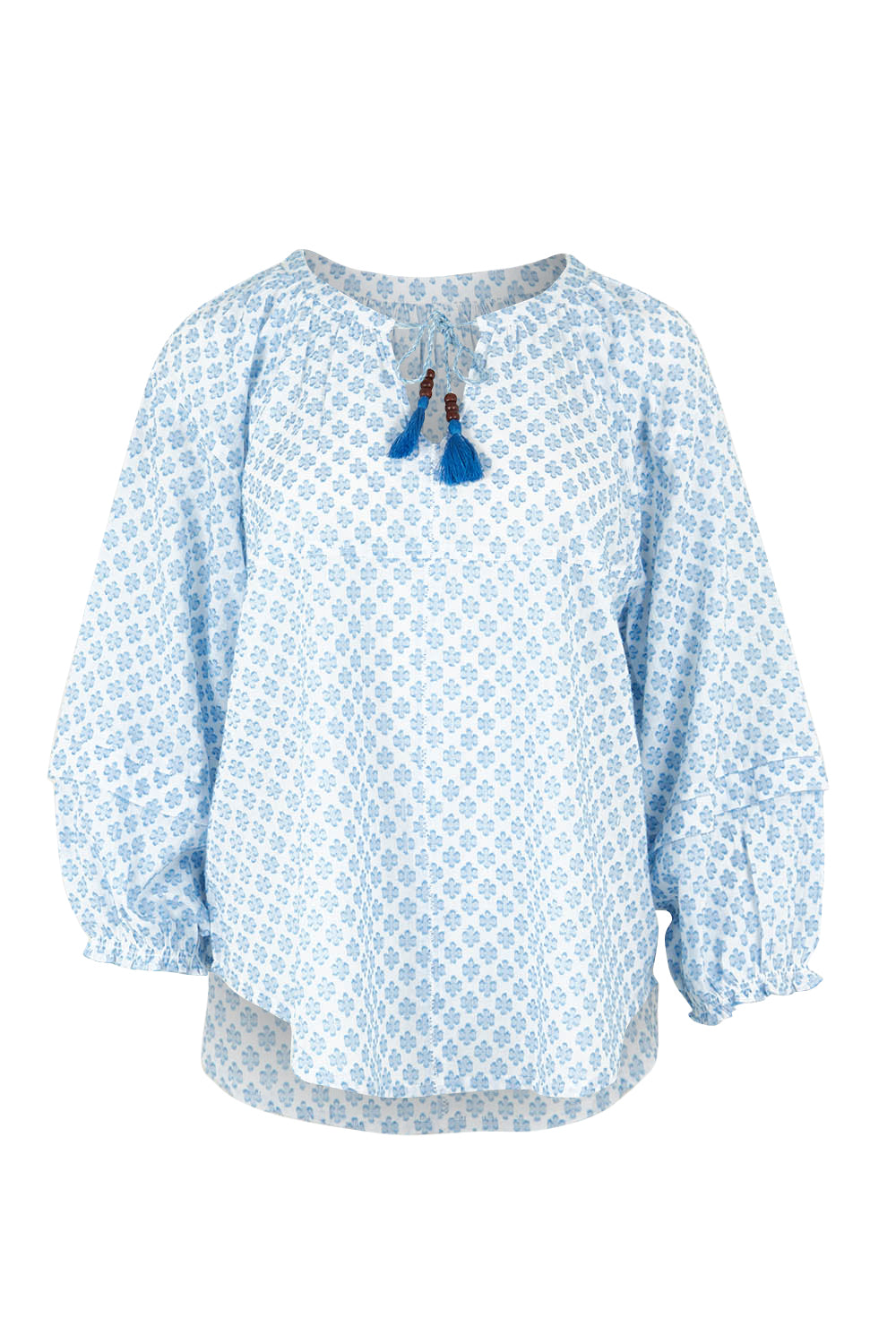Product shot of the Naomi Cotton Blend Blouse in colour Petal (Blue), from the front