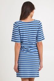Model Madeline wearing size S of the Limon Stripe Cotton Tshirt Dress in colour Indigo (Blue), from the back
