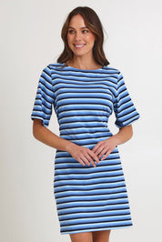 Model Madeline wearing size S of the Limon Stripe Cotton Tshirt Dress in colour Indigo (Blue), from the front, cropped image