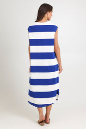 Model Madeline wearing size S of the Jardin Stripe Cotton Tshirt Dress in colour Azul (Blue), from the back