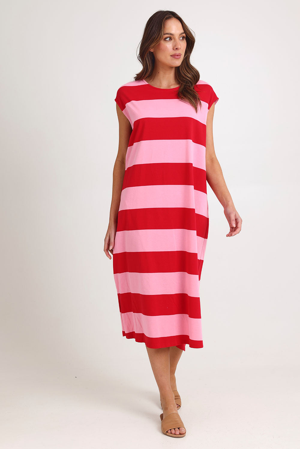 Model Madeline wearing size S of the Jardin Stripe Cotton Tshirt Dress in colour Garnet, from the front, showing the whole outfit
