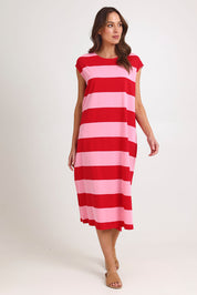 Model Madeline wearing size S of the Jardin Stripe Cotton Tshirt Dress in colour Garnet, from the front, showing the whole outfit