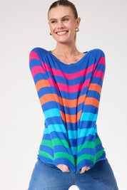 A model wearing the Vermont Stripe Jumper in colour Cobalt, from the front, cropped image