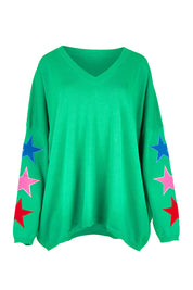 Product shot of the Vermont Star V Neck Jumper in colour Green (Green), from the front