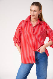 A model wearing the Fairbanks Stripe Shirt in colour Red (Red), from the front, cropped image