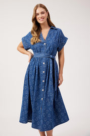 Model Genericm wearing size sample of the Sicily Heart Denim Shirt Dress – Indigo in colour Indigo, from the front