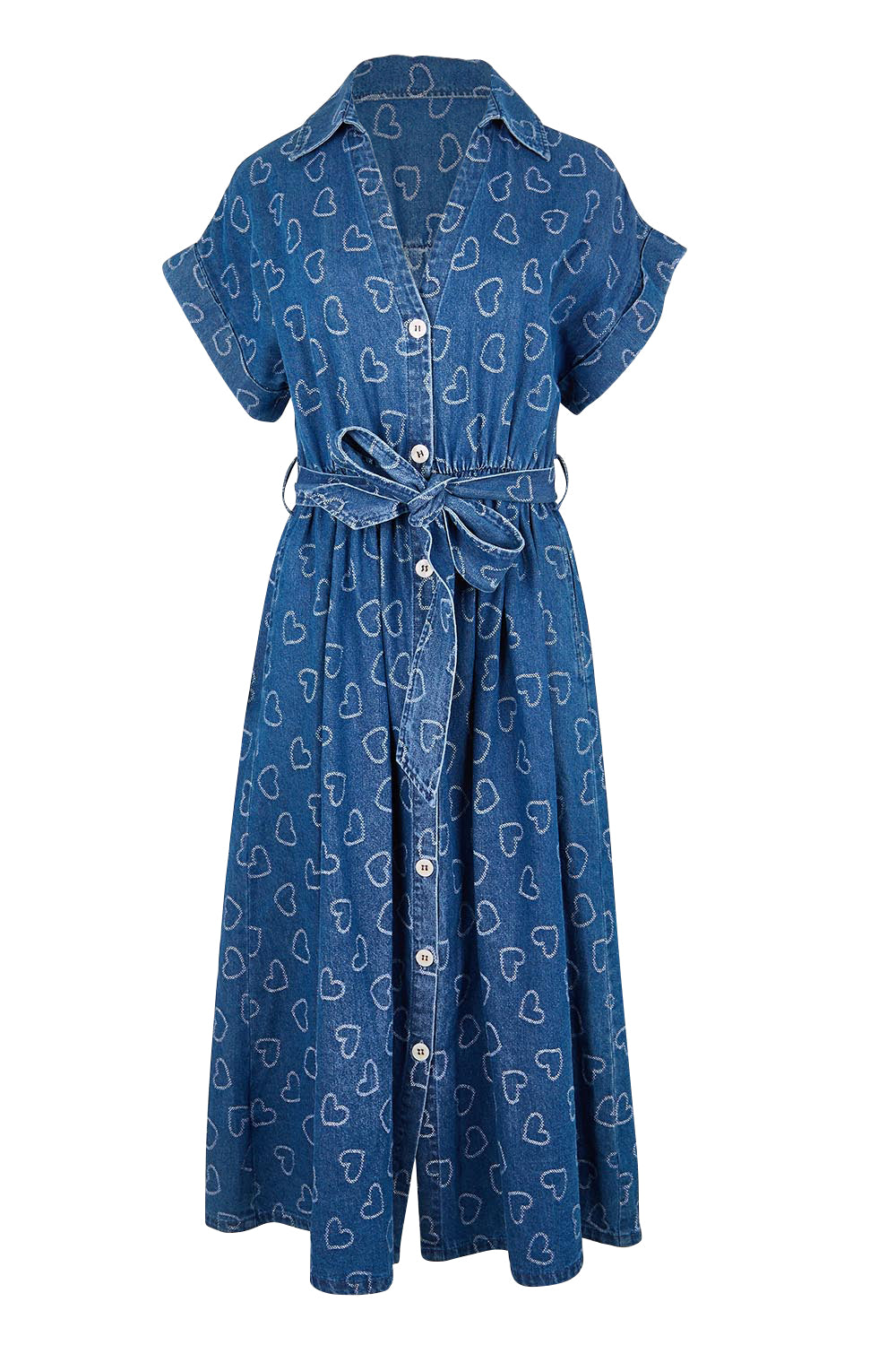 Product shot of the Sicily Heart Denim Shirt Dress – Indigo in colour Indigo, from the front