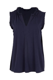 Product shot of the Athens Frill Tank – Navy in colour Navy, from the front