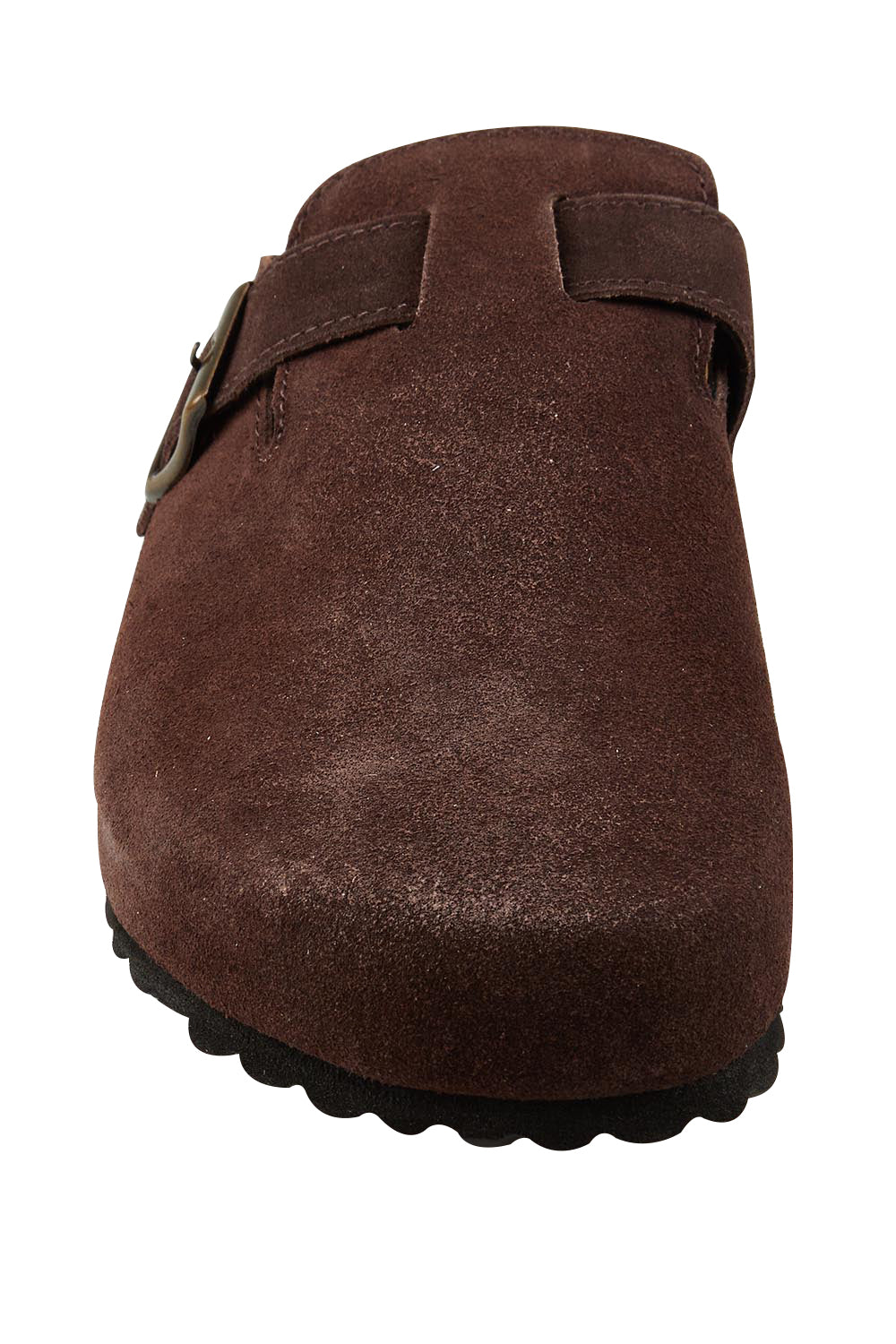 Product shot of the Lara Leather Slide in colour Chocolate, detail