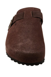 Product shot of the Lara Leather Slide in colour Chocolate, detail