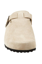 Product shot of the Lara Leather Slide in colour Sand, detail