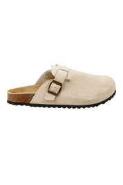 Product shot of the Lara Leather Slide in colour Sand, from the front