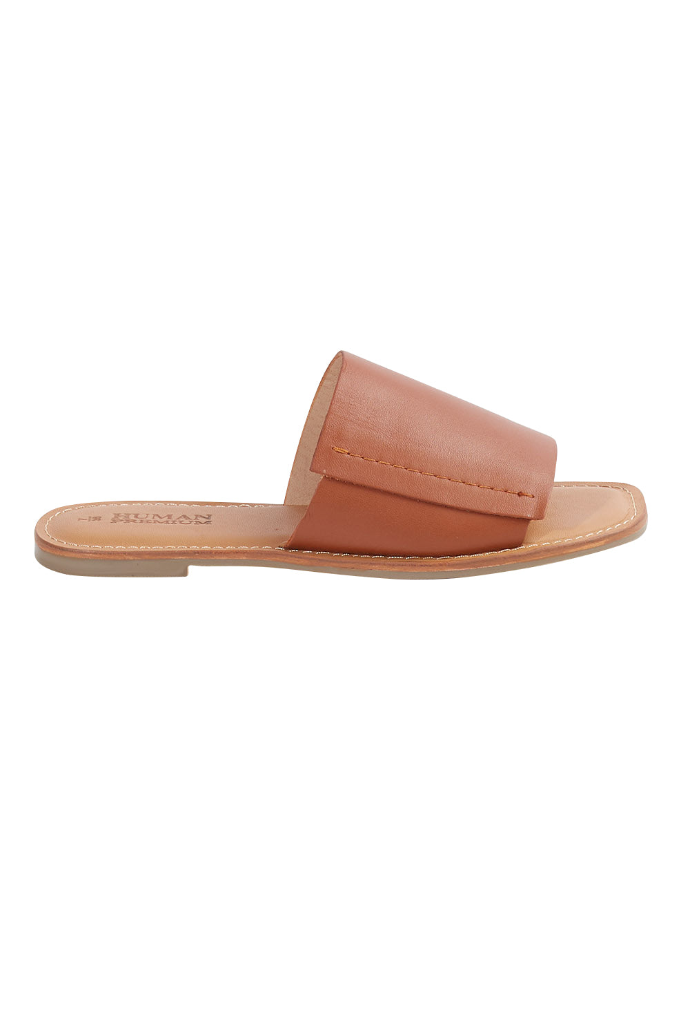 Product shot of the Oats Leather Slide in colour Darktan, from the front