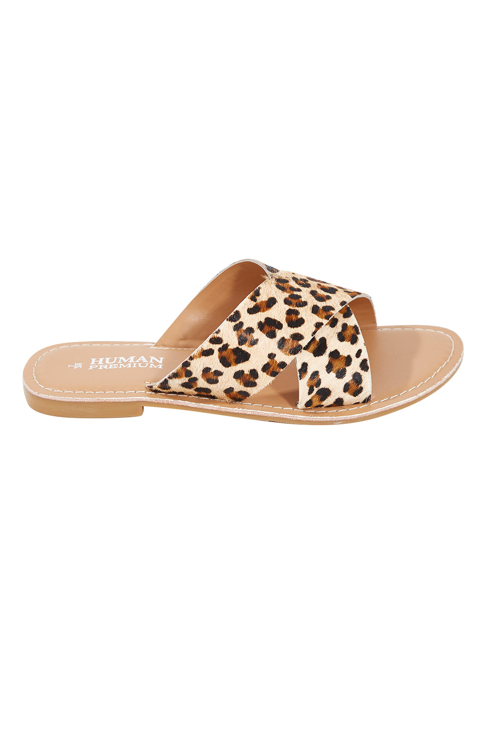 Product shot of the Quinn Leather Sandal in colour Ocelot, from the front
