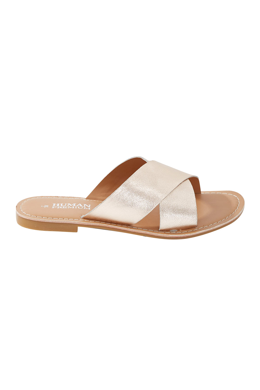 Product shot of the Quinn Leather Sandal in colour Rosegold (Metallics), from the front