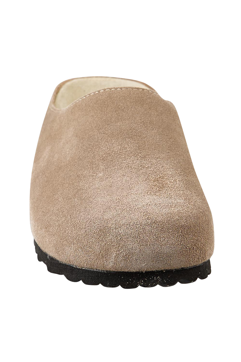 Product shot of the Saint Suede Leather Slide - Mushroom in colour Mushroom, showing detail