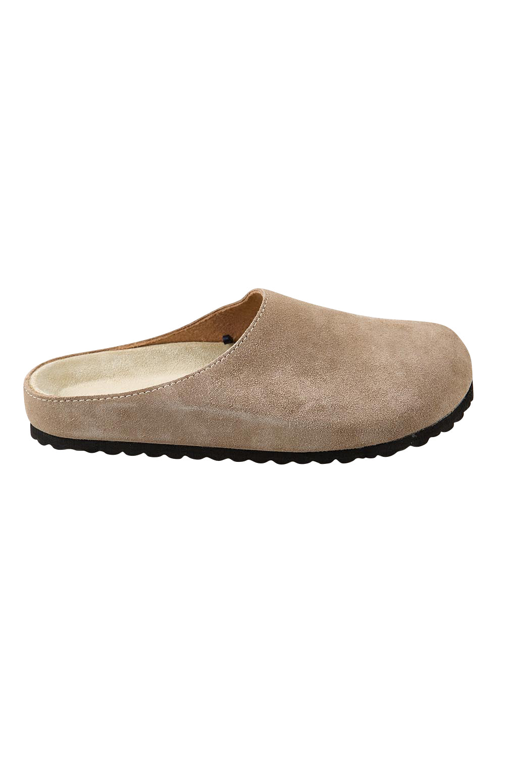Product shot of the Saint Suede Leather Slide - Mushroom in colour Mushroom, from the front