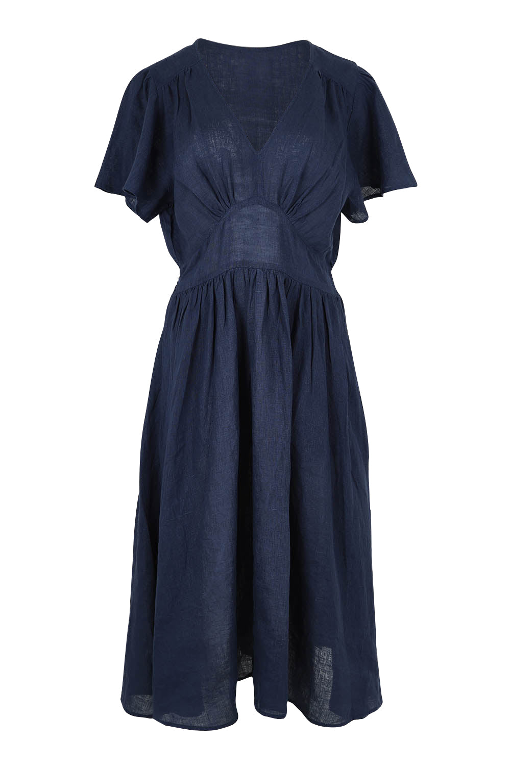Product shot of the Blossom Linen Dress in colour Navy (Blue), from the front