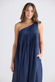 A model wearing the Lana Linen Maxi Dress in colour Navy (Blue), from the front, cropped image