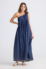 A model wearing the Lana Linen Maxi Dress in colour Navy (Blue), from the front, showing the whole outfit