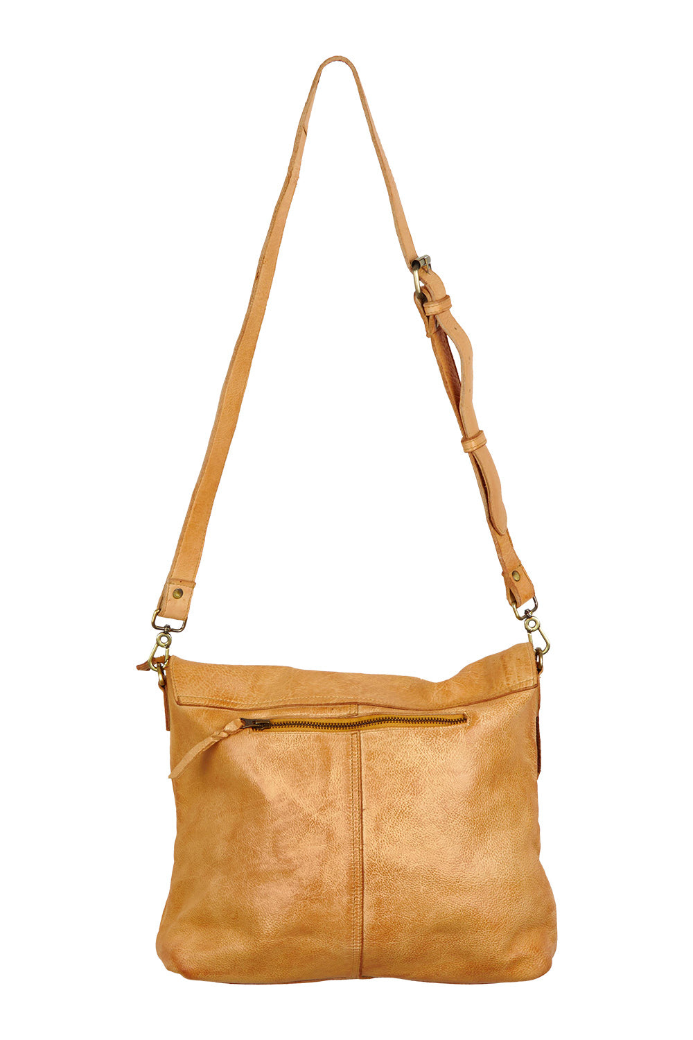 Product shot of the Leather Messenger Bag in colour Tan, from the back